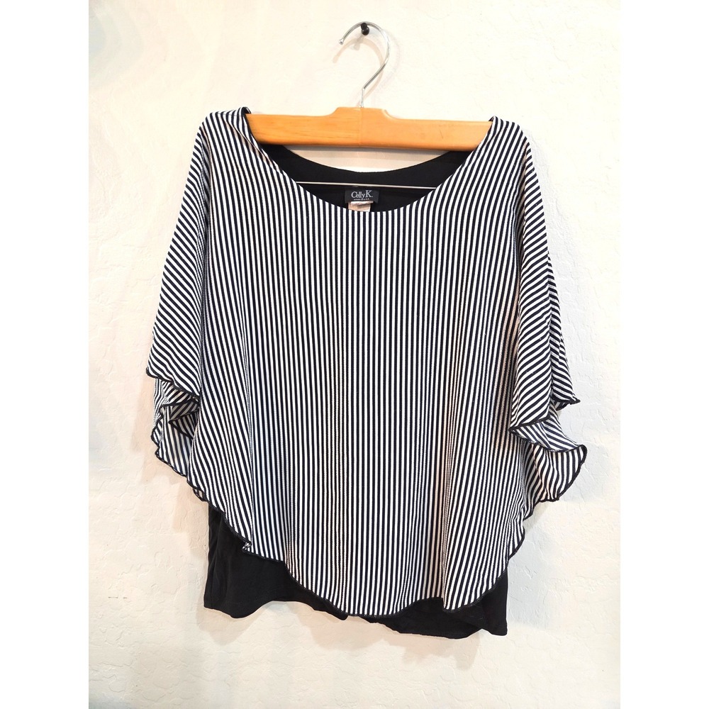 Vintage Celly K Large Striped Cape Blouse Black White Layered Flutter Sleeve